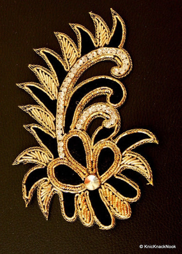 Hand Embroidered Floral Applique, Zardozi And Rhinestone, Crystal Motif